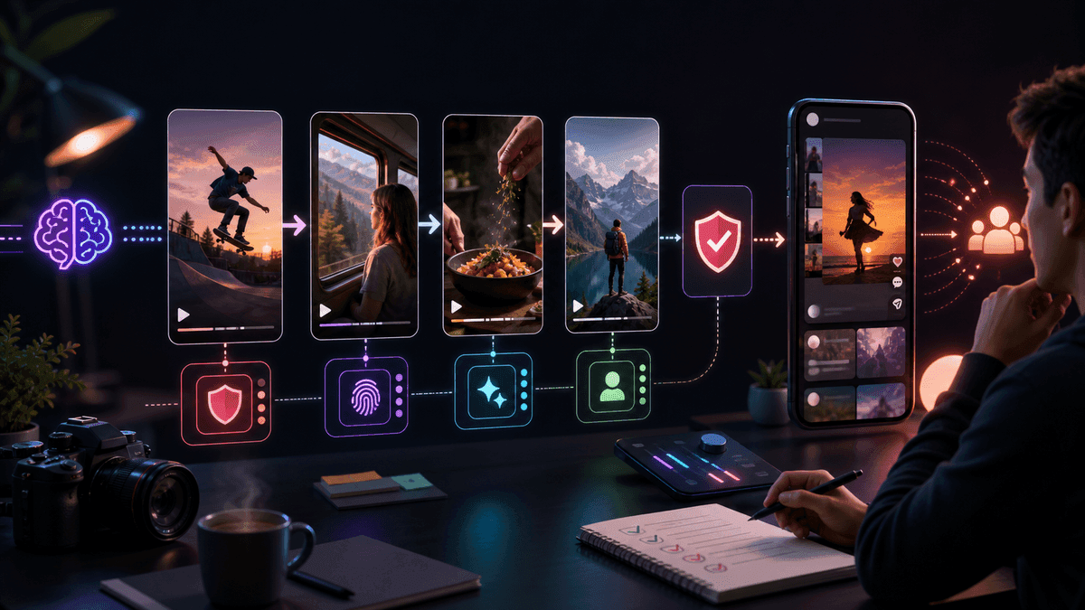 Source-backed visual showing an originality and recommendation review flow for AI-generated Instagram Reels