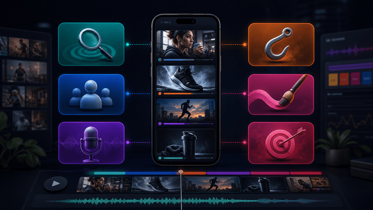 Generated on-brand illustration of a Shorts prompt framework with a vertical phone storyboard and six colorful prompt input modules