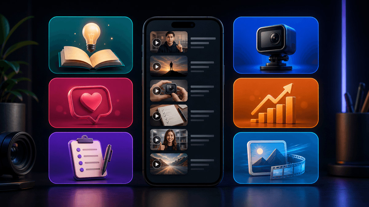 Generated on-brand illustration of a prompt angle library with a vertical storyboard and colorful reusable short-form content cards