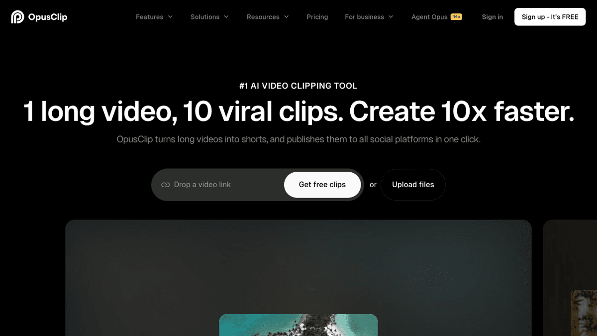 OpusClip homepage screenshot showing long video to short clip creation for social platforms
