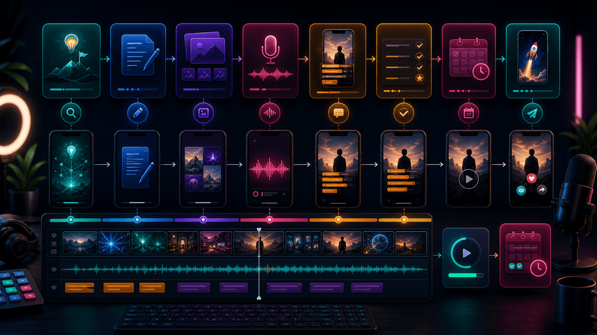 Generated editorial image showing an AI workflow from faceless channel idea to script, visuals, captions, and scheduled publishing