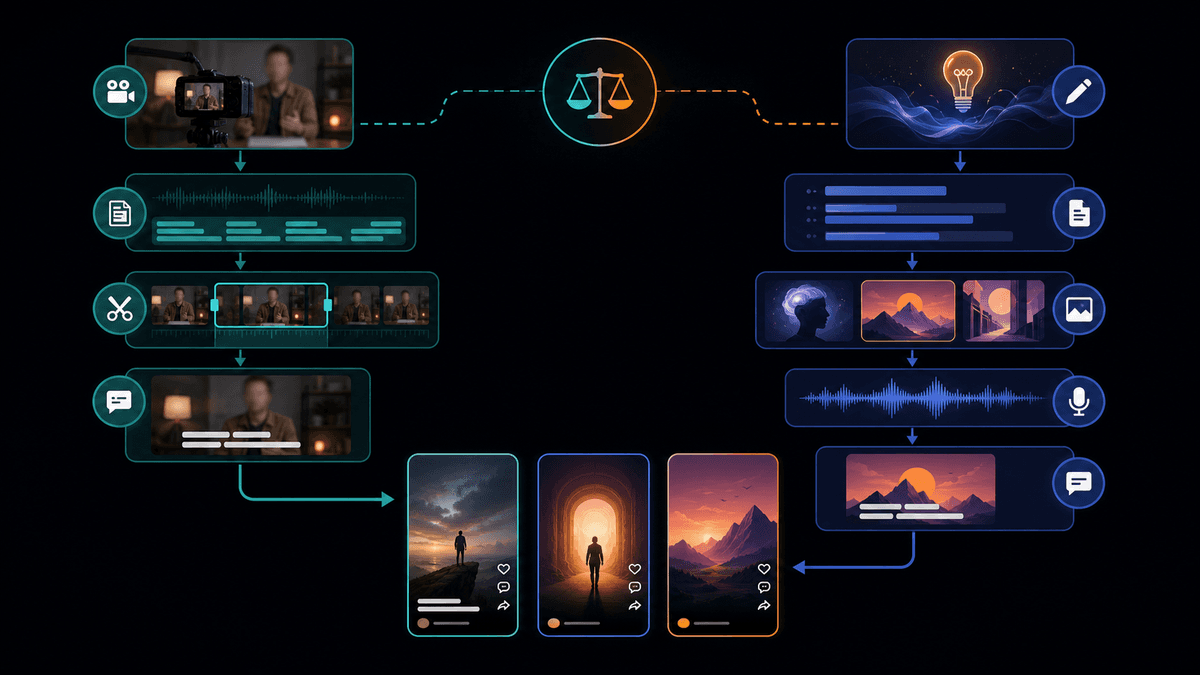 Generated decision framework for choosing between clipping existing footage and generating new faceless shorts