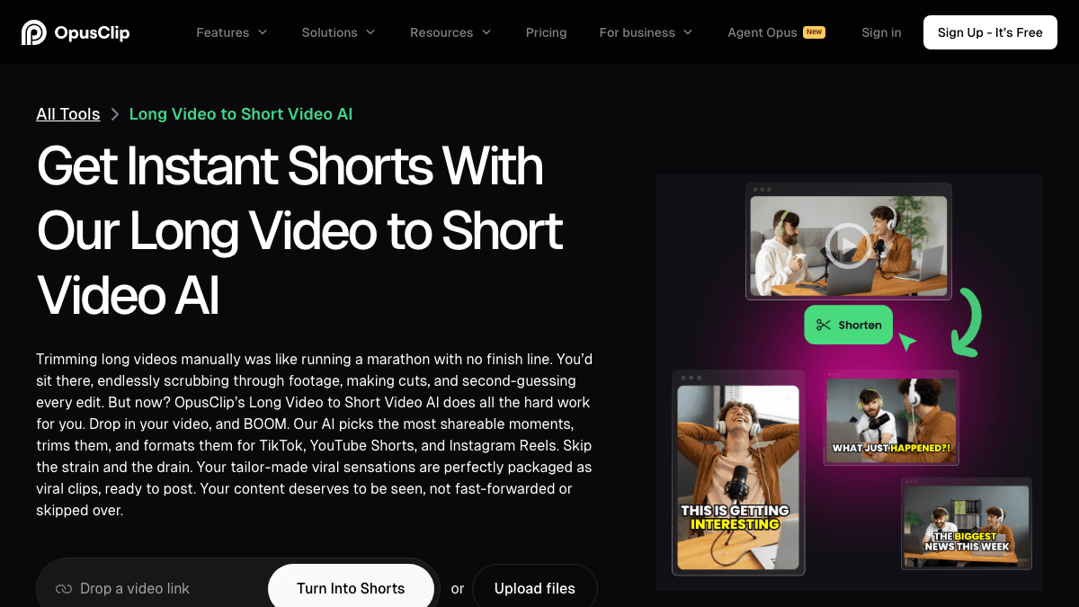 OpusClip product page showing a long video to short video AI workflow