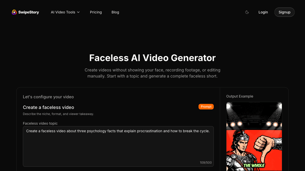 SwipeStory faceless AI video generator page showing a topic-to-video workflow for new Shorts