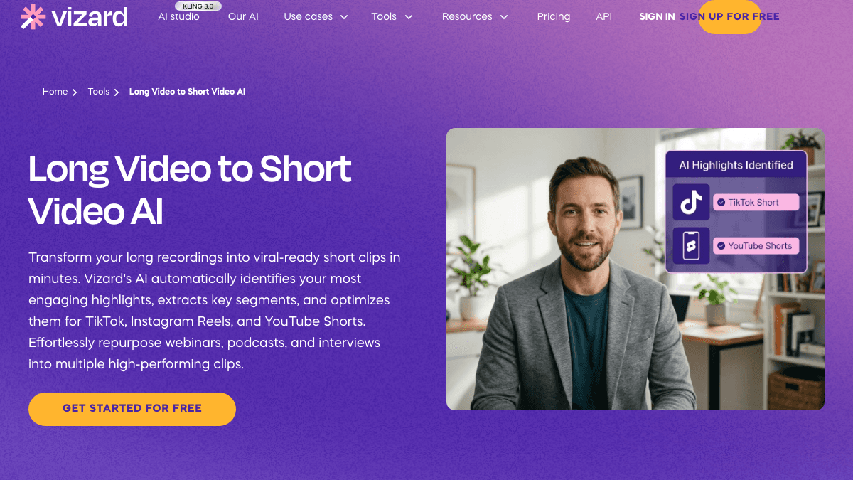 Vizard long video to short video AI page showing a repurposing workflow for vertical clips