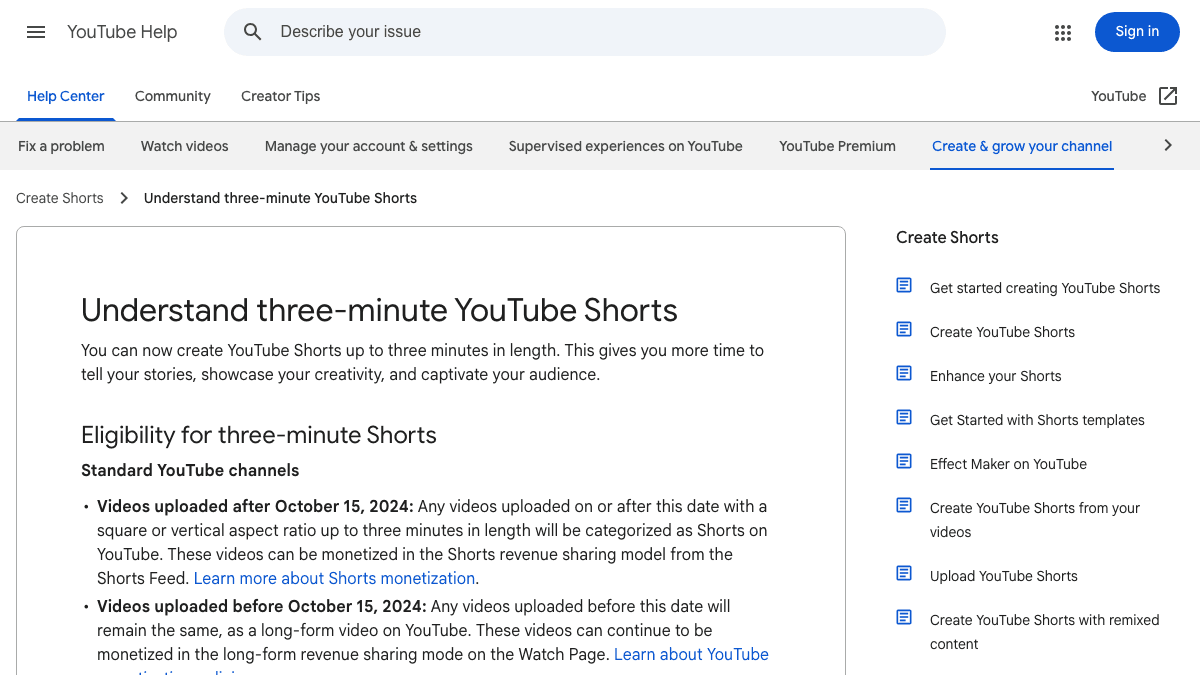 YouTube Help page explaining three-minute YouTube Shorts eligibility for square or vertical videos