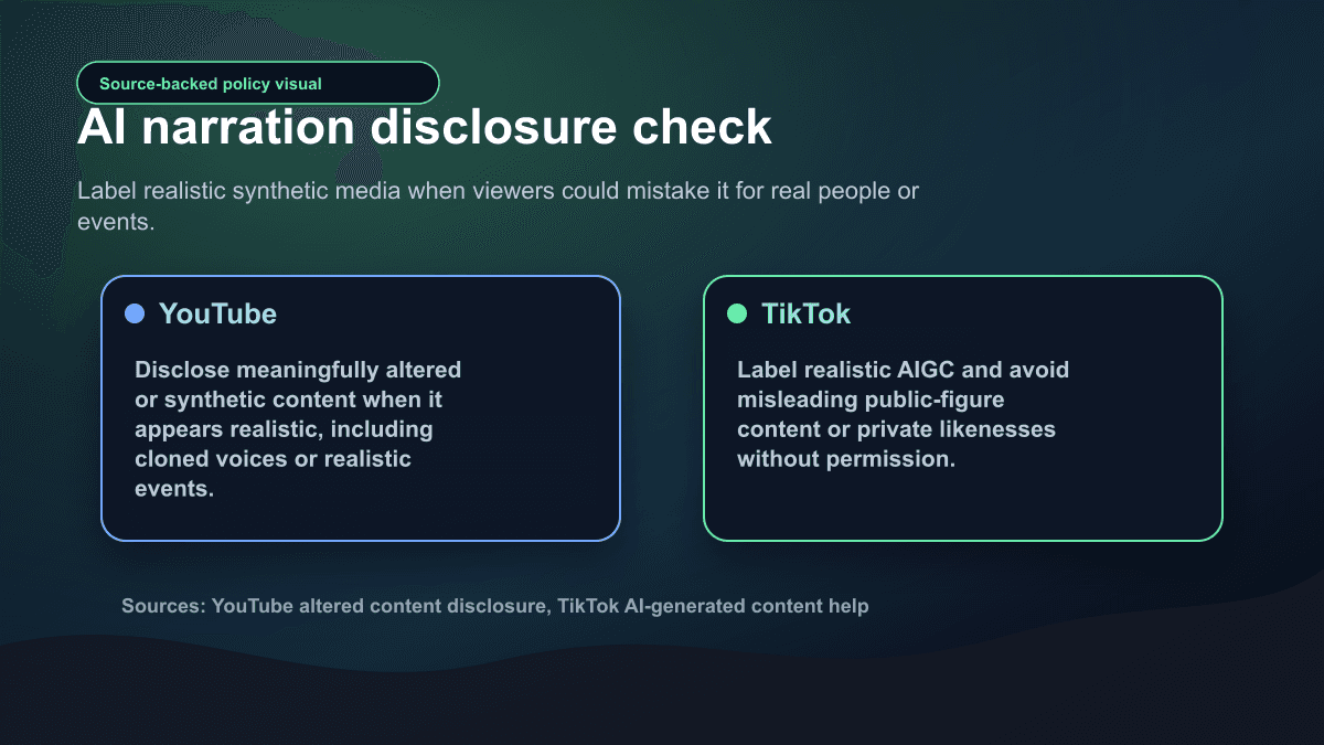 Source-backed policy visual comparing YouTube and TikTok disclosure checks for realistic AI narration and synthetic story videos