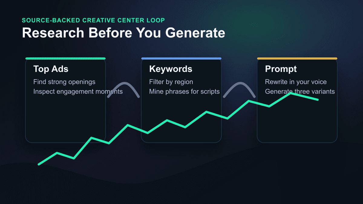 Source-backed visual showing a TikTok Creative Center research loop from Top Ads to Keyword Insights to AI video prompts