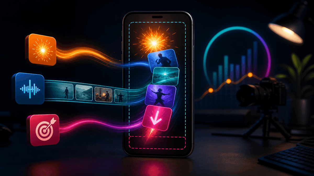 Source-backed visual showing TikTok-style hook, body, close structure and 9:16 safe-area considerations for AI-generated short video scripts