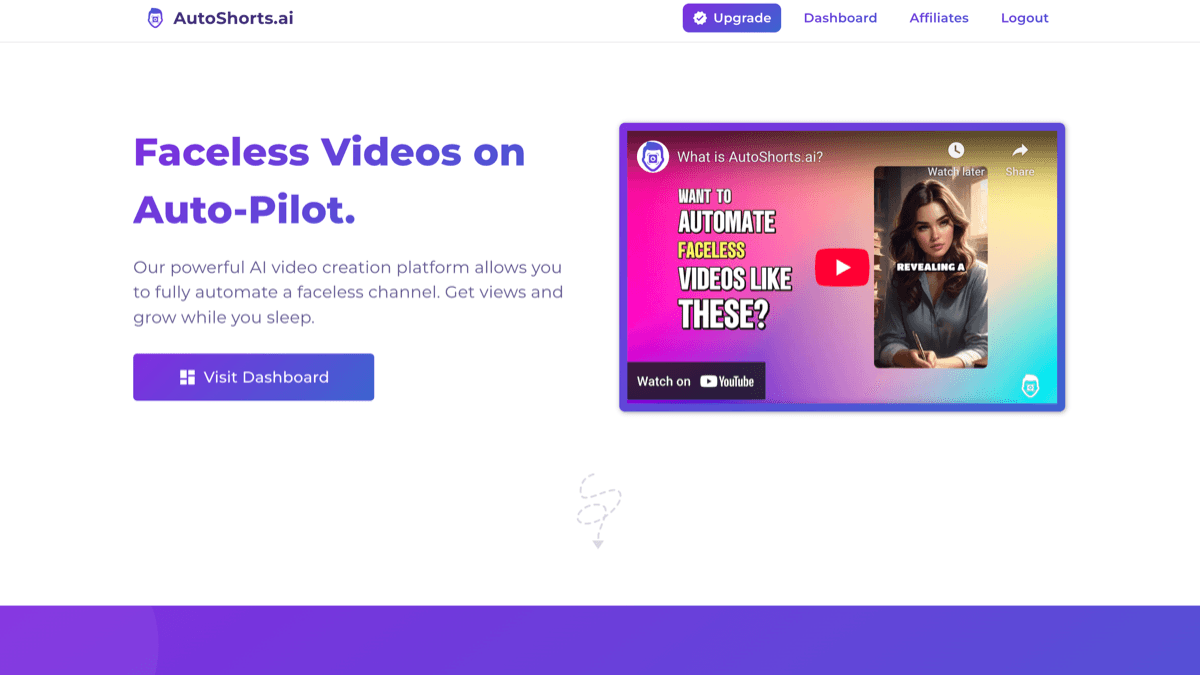 AutoShorts.ai homepage screenshot showing faceless videos on auto-pilot positioning