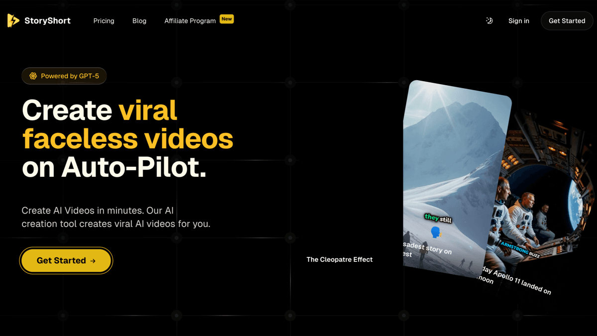 StoryShort official pricing page showing faceless video plans, credits, and auto-posting