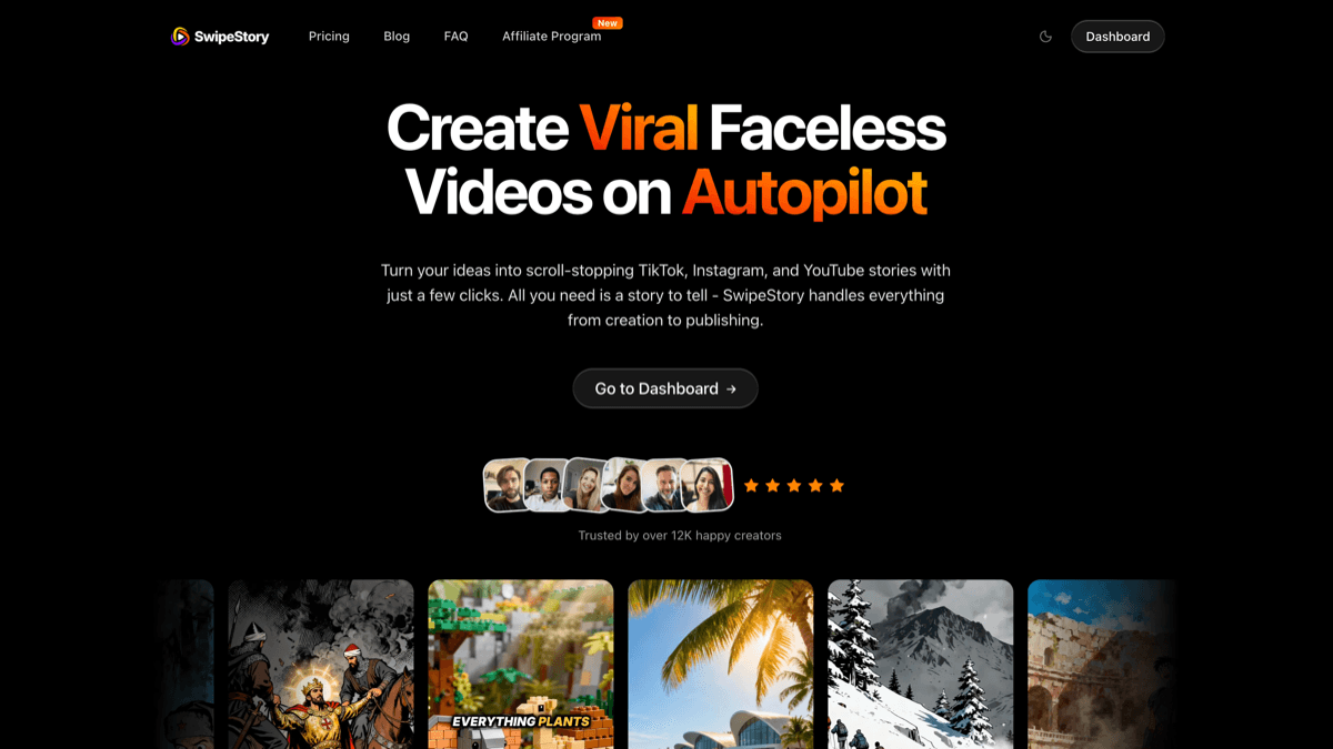 SwipeStory pricing page showing AI video creation plans, credits, series, and automated posting