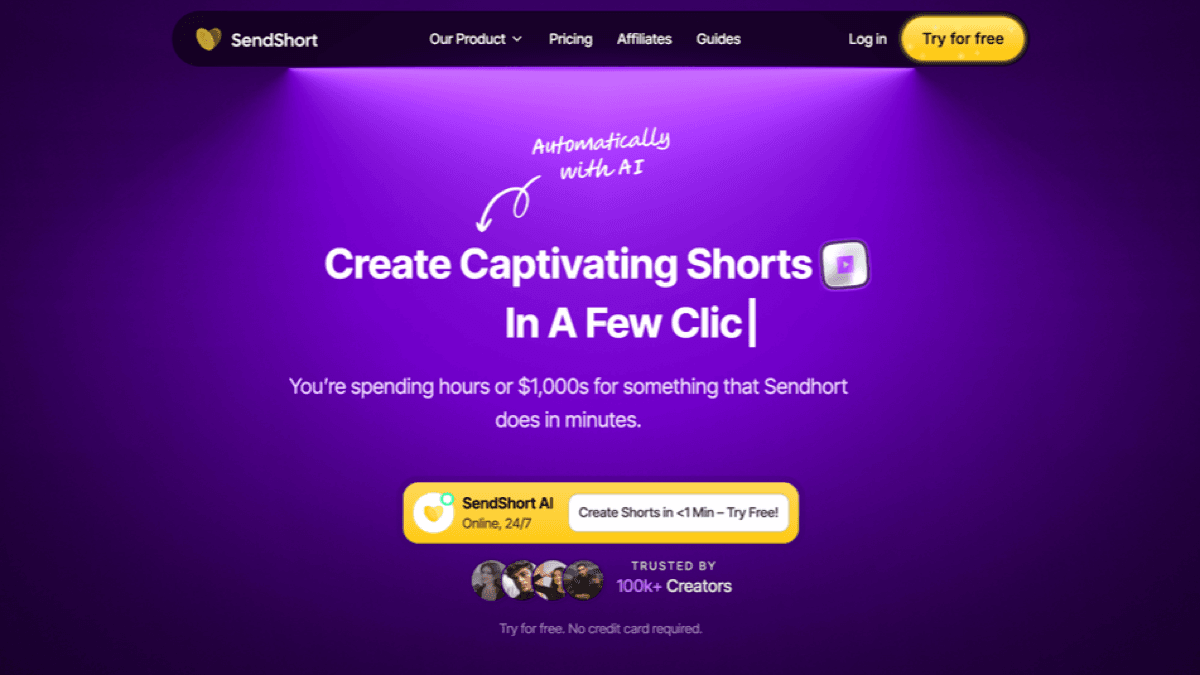 SendShort pricing page showing faceless video and clipping plans for short-form creators
