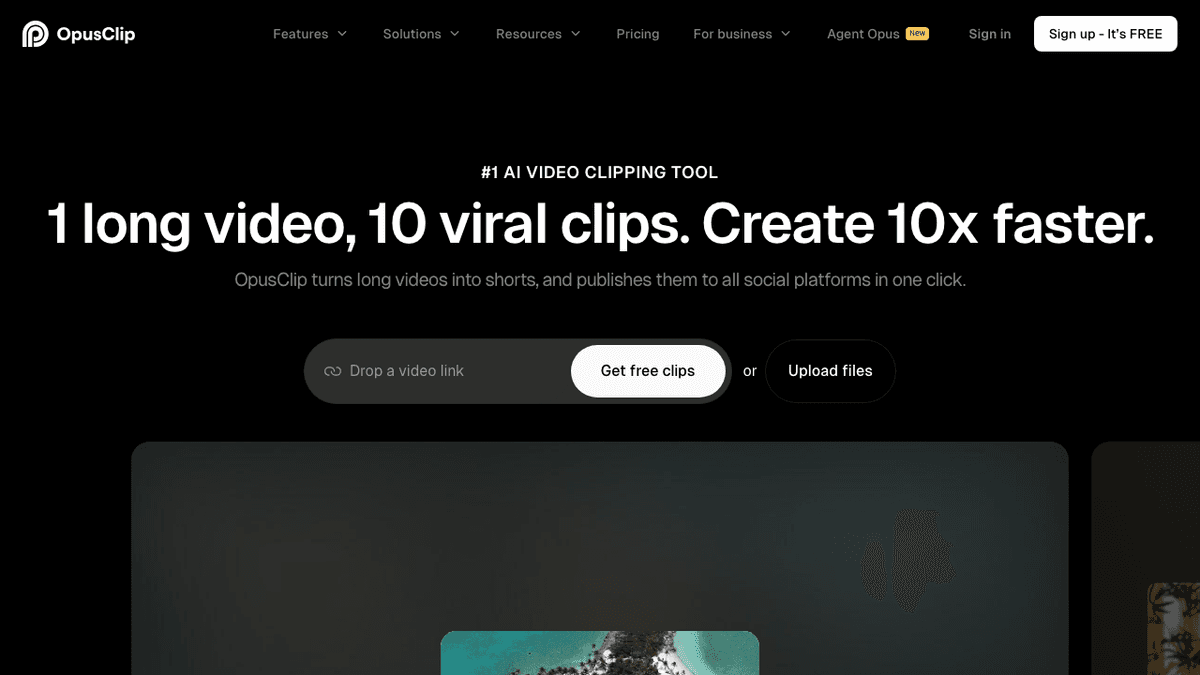 OpusClip homepage screenshot showing its AI video clipping positioning for turning long videos into short clips