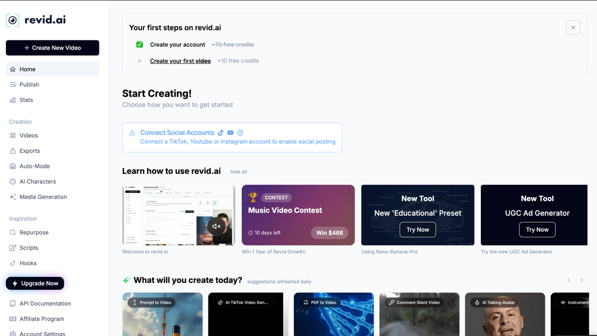 Revid.ai dashboard screenshot showing AI video creation and publishing tools for short-form workflows