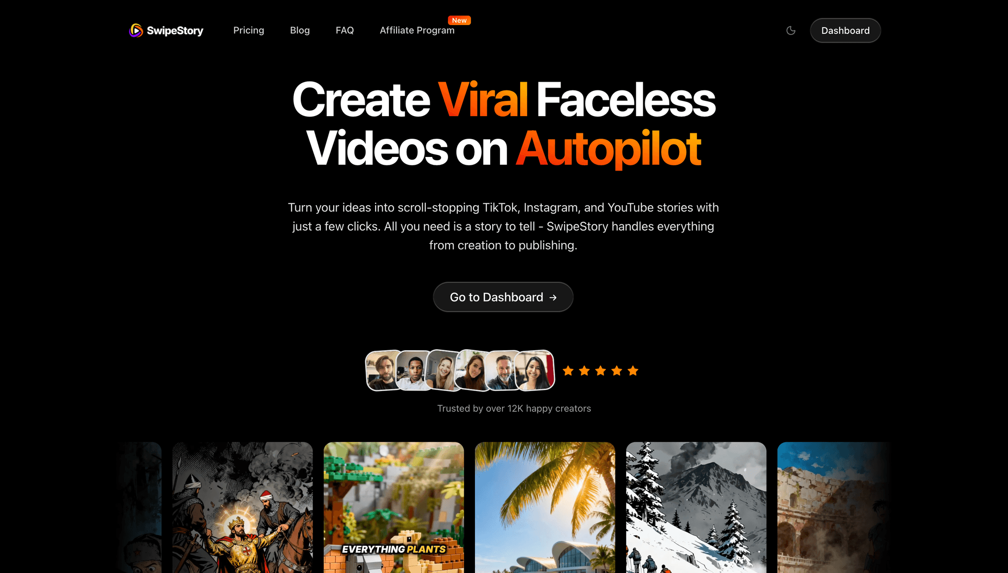 SwipeStory homepage - Create Viral Faceless Videos on Autopilot
