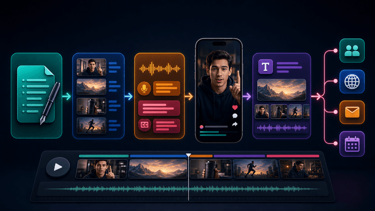 SwipeStory workflow visual showing source text becoming a short video with voiceover, captions, visuals, editing, and publishing