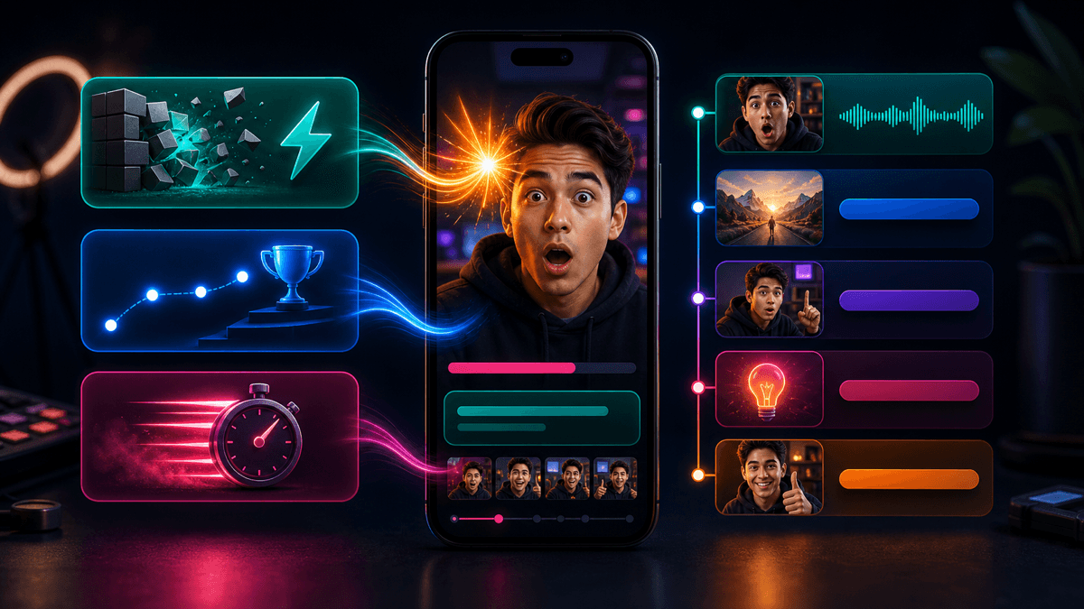 Generated editorial image showing TikTok hook ideas, payoff cards, and a vertical video storyboard