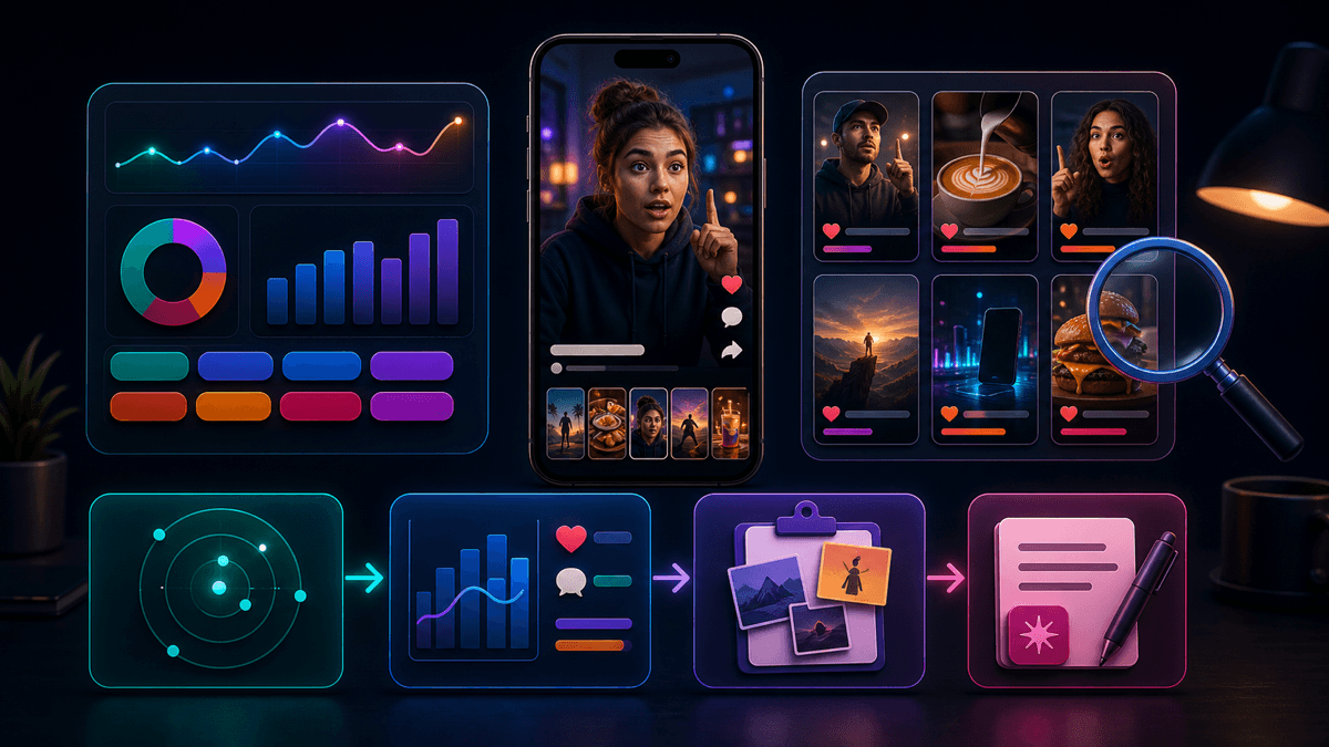 Generated editorial image of short-form hook research dashboards, trend cards, and video examples