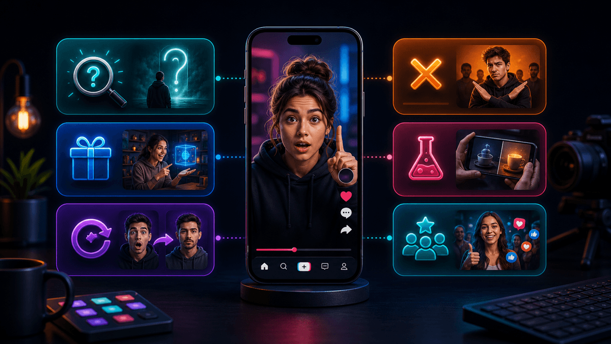 Generated editorial image of reusable TikTok hook categories surrounding a vertical creator video