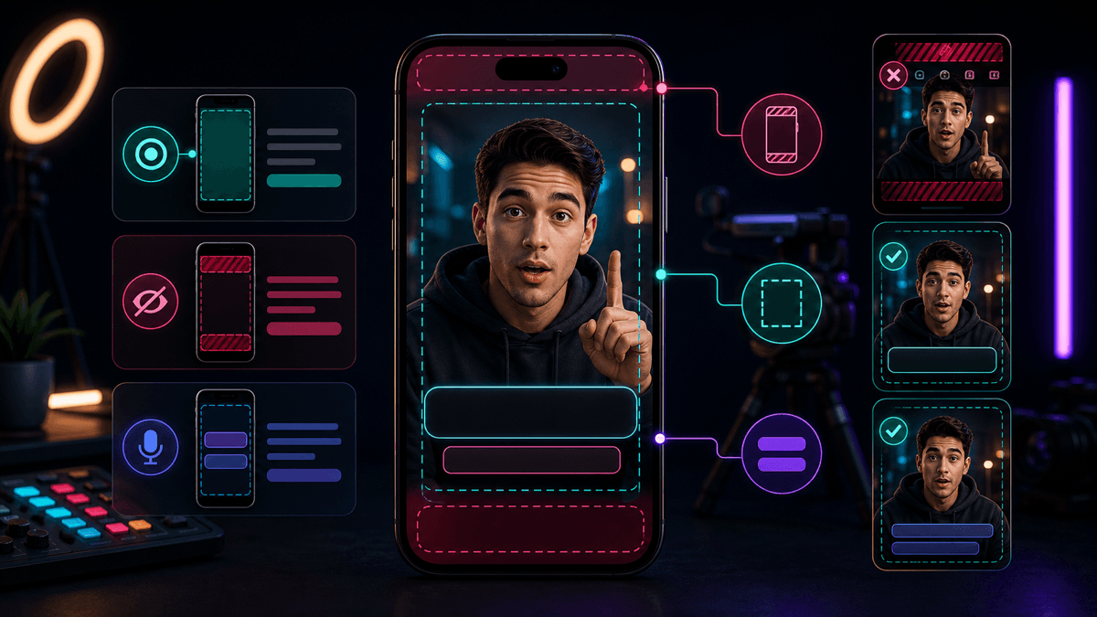 Generated editorial image showing vertical video safe zones, captions, and framing checks for TikTok hooks