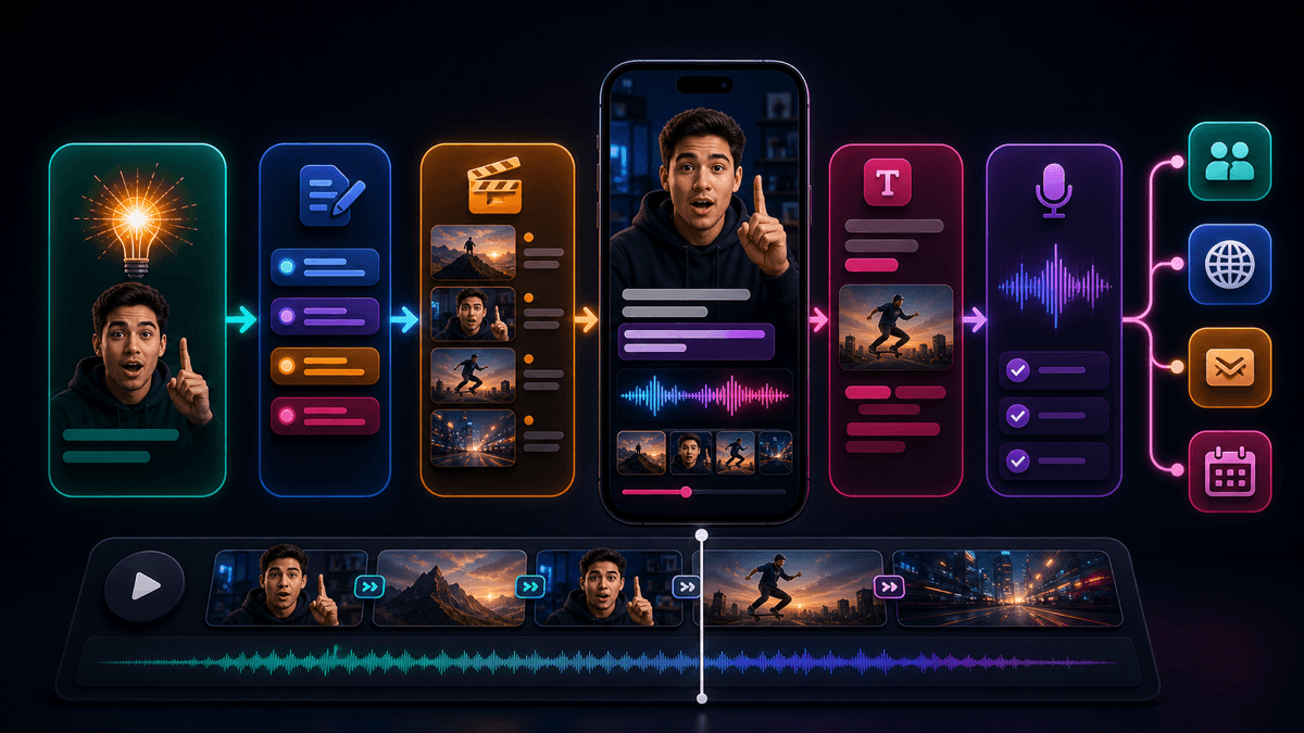 Generated editorial image of a TikTok hook moving through SwipeStory-style script, voice, captions, and publishing steps