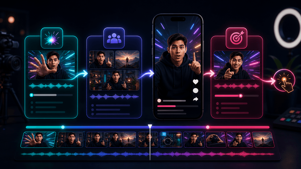 Generated editorial image of a TikTok-style hook, body, and close sequence moving across a short-form timeline