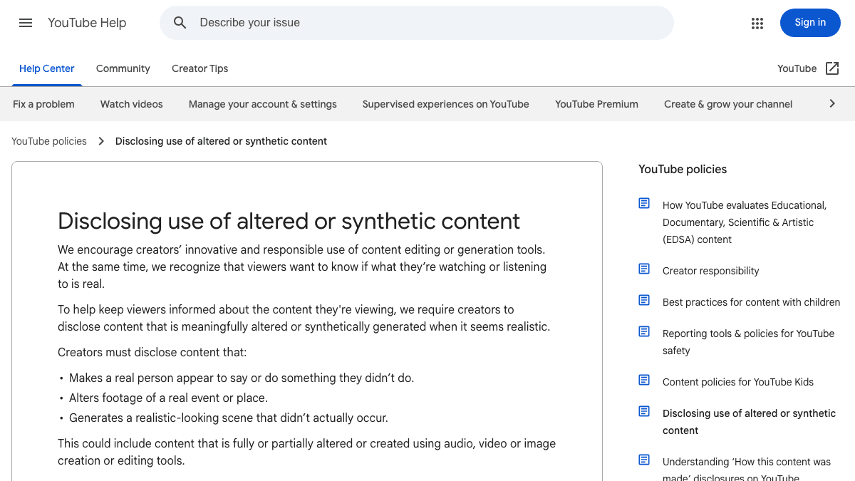 Source-backed screenshot of YouTube Help explaining disclosure for altered or synthetic content before publishing AI-generated videos