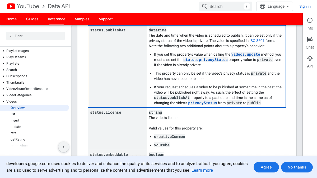 Source-backed screenshot of the YouTube Data API video resource documentation showing the status.publishAt scheduling field