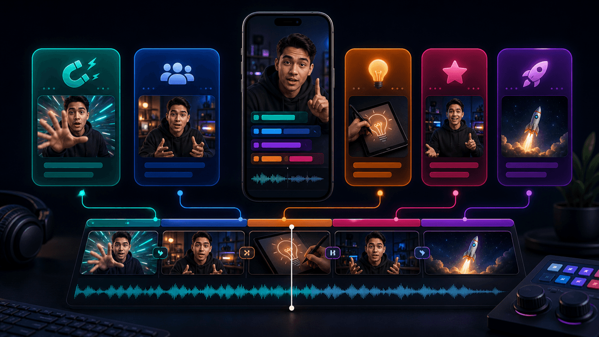 Generated editorial image of YouTube Shorts script storyboard cards arranged across a creator timeline