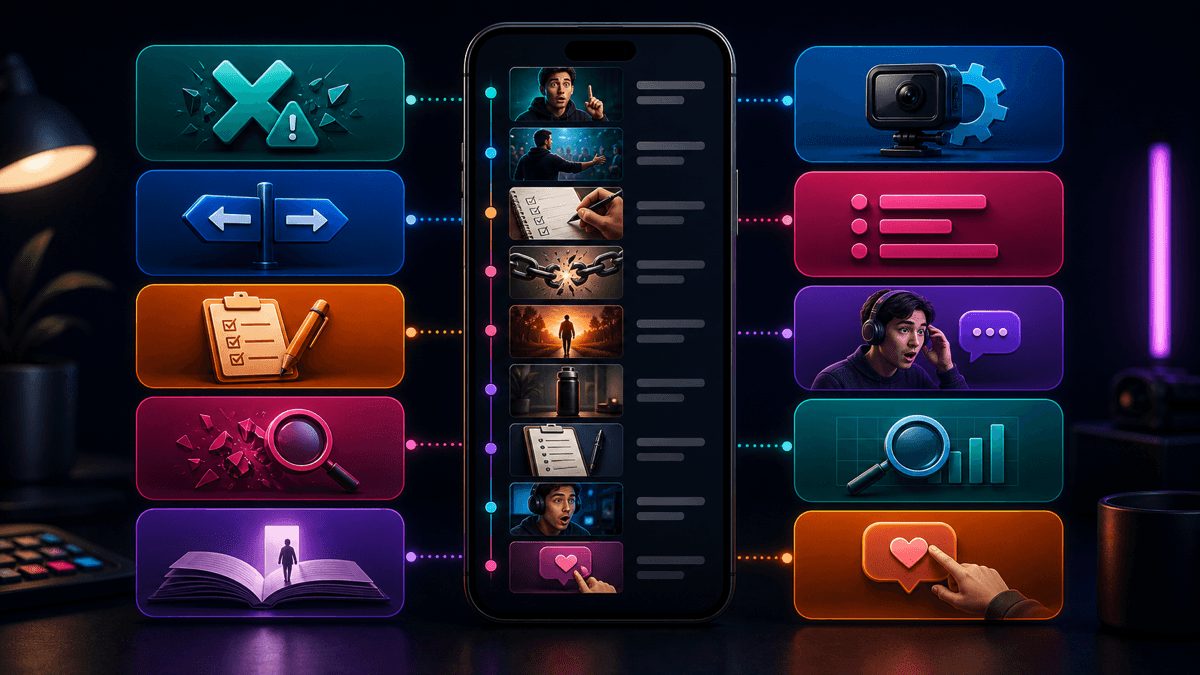 Generated editorial image of reusable YouTube Shorts script templates organized around a vertical phone storyboard
