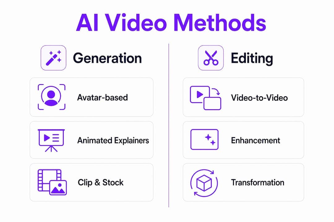 Infographic comparing AI video automation methods categories