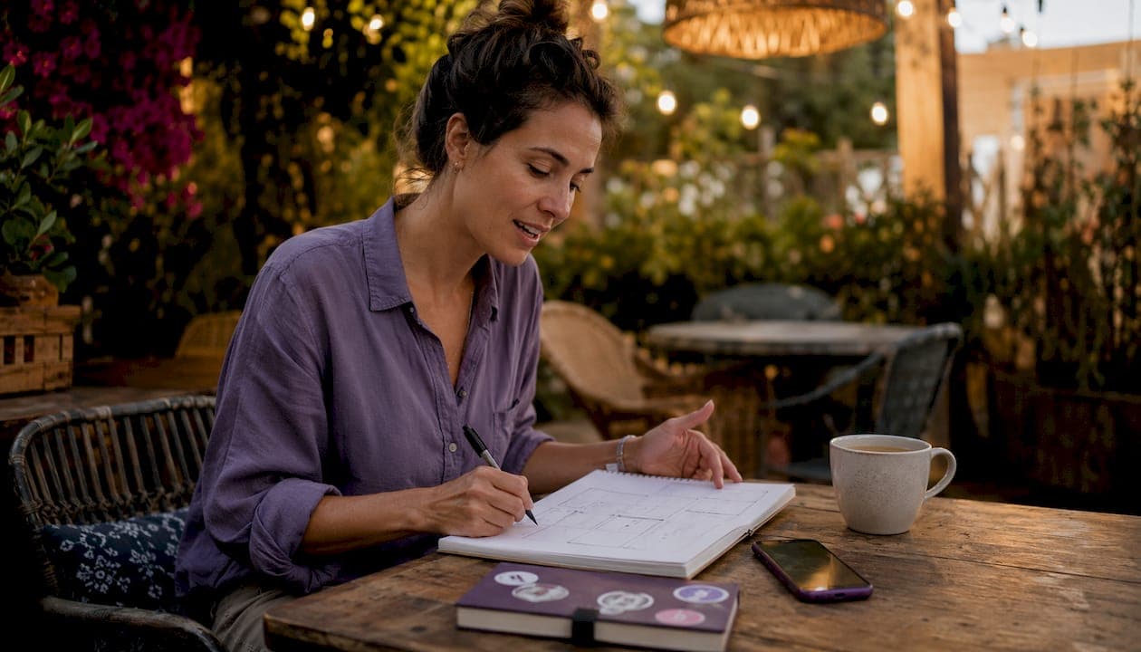 Woman writing video scripts at home office