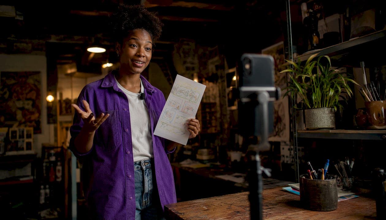 Woman filming vertical short video with tripod