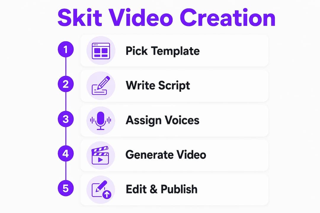 Infographic outlining five steps to create skit video